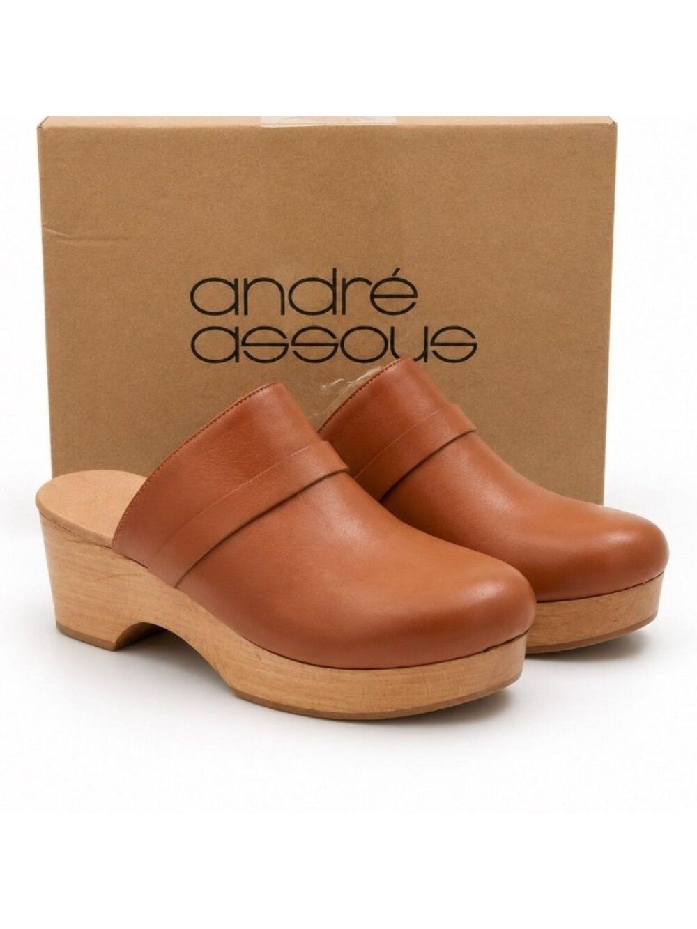 Leather Wood Platform Clogs Mules Womens 6 EU 36 Cognac Brown Andre Assous Sofi